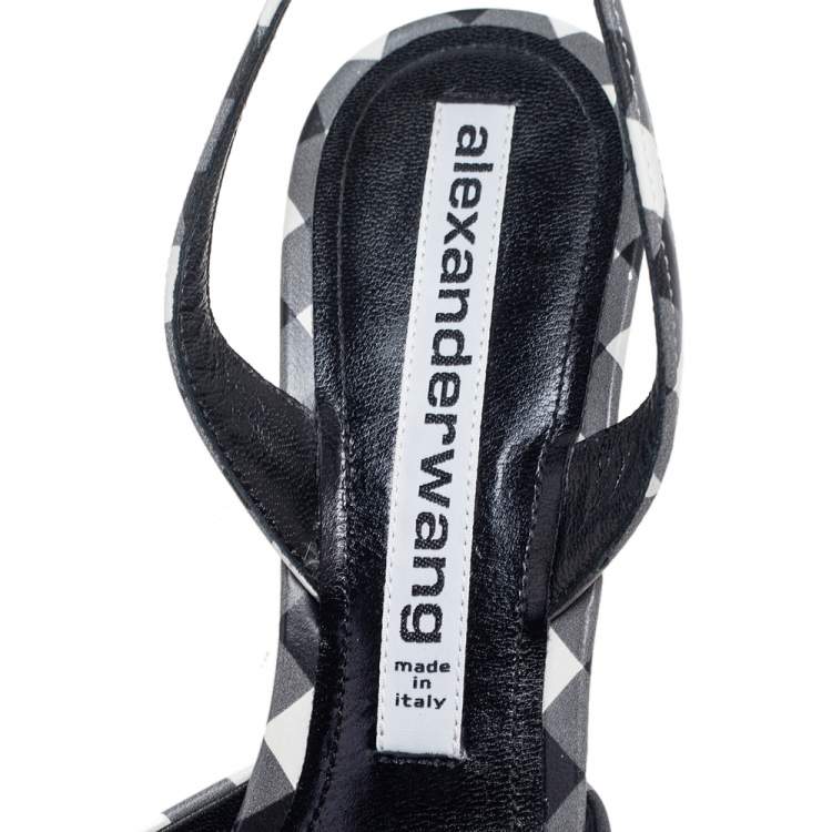 Pre Owned Alexander Wang Grey/Black Leather Crystal Embellished Logo Slingback Pointed Toe Sandals Size 40