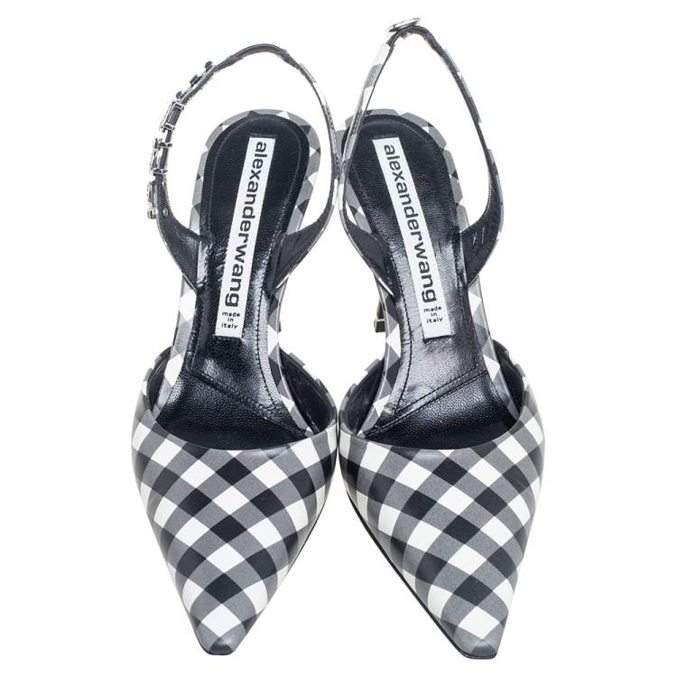 Pre Owned Alexander Wang Grey/Black Leather Crystal Embellished Logo Slingback Pointed Toe Sandals Size 40