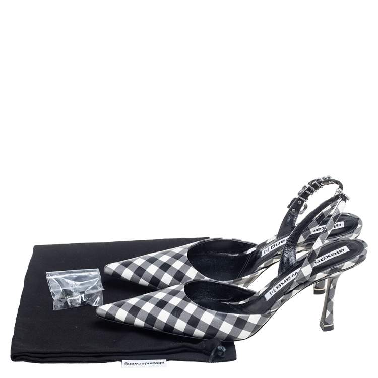 Pre Owned Alexander Wang Grey/Black Leather Crystal Embellished Logo Slingback Pointed Toe Sandals Size 40