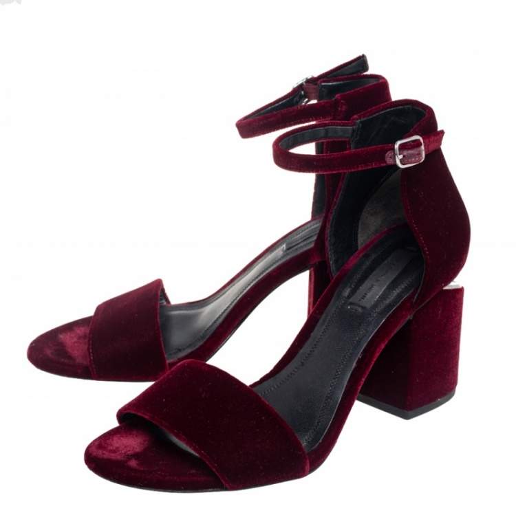 Pre Owned Alexander Wang Burgundy Velvet Abby Lucite Tilt Heel Sandals Size 37.5