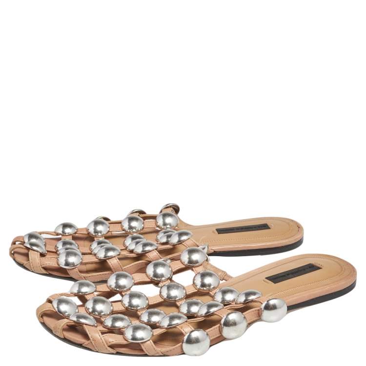 Pre Owned Alexander Wang Brown Leather Amelia Studded Flat Slides Size 37