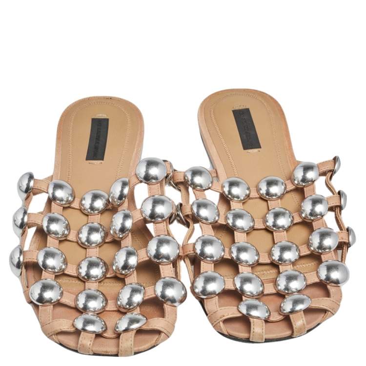 Pre Owned Alexander Wang Brown Leather Amelia Studded Flat Slides Size 37