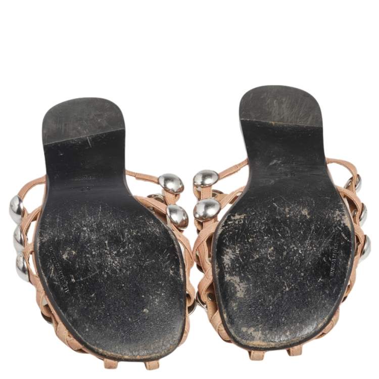 Pre Owned Alexander Wang Brown Leather Amelia Studded Flat Slides Size 37