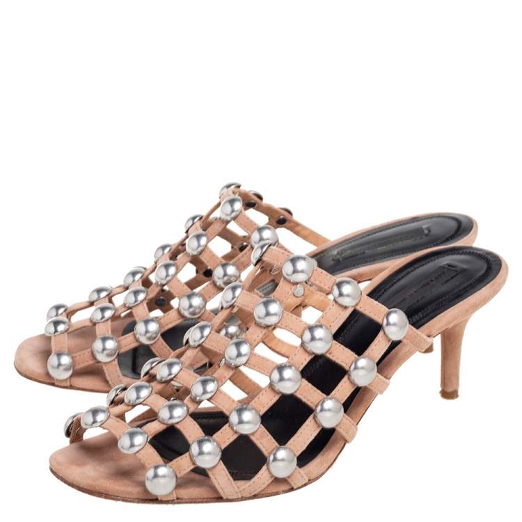 Pre Owned Alexander Wang Nude Suede Sadie Studded Caged Mule Sandals Size 38