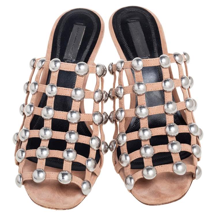 Pre Owned Alexander Wang Nude Suede Sadie Studded Caged Mule Sandals Size 38