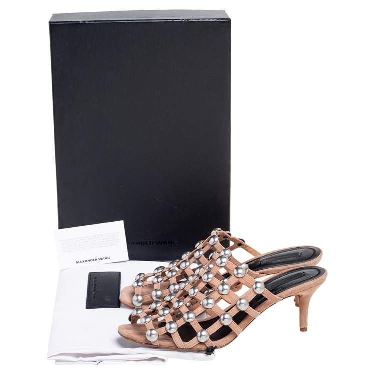 Pre Owned Alexander Wang Nude Suede Sadie Studded Caged Mule Sandals Size 38
