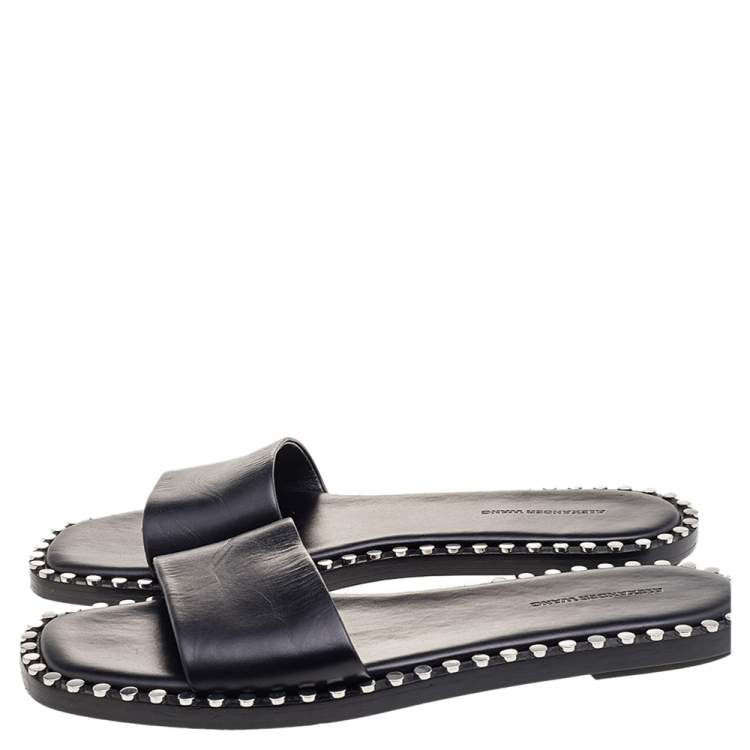 Pre Owned Alexander Wang Black Leather Studded Flat Slides Size 37.5