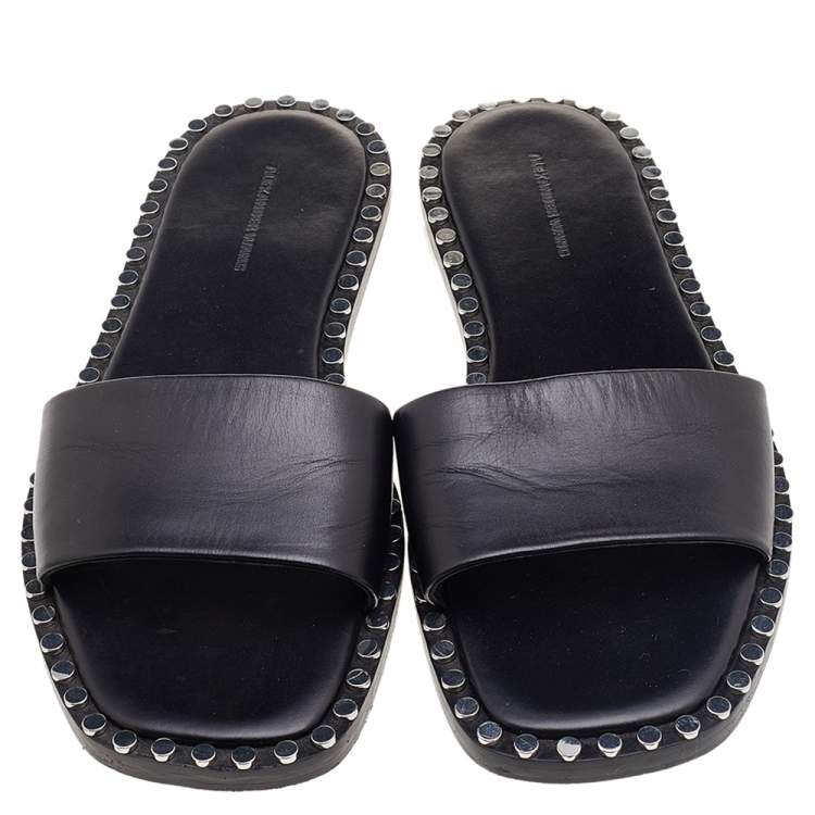 Pre Owned Alexander Wang Black Leather Studded Flat Slides Size 37.5