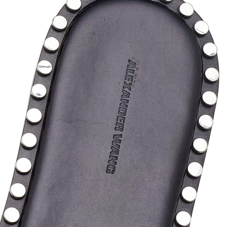 Pre Owned Alexander Wang Black Leather Studded Flat Slides Size 37.5