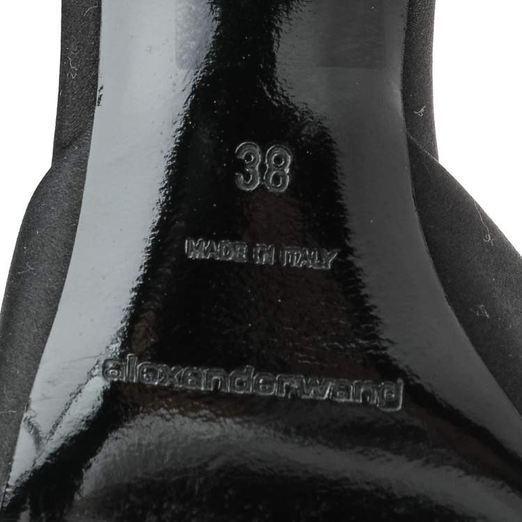 Pre Owned Alexander Wang Black Satin Crystal Embellished Logo Slingback Pointed Toe Sandals Size 38