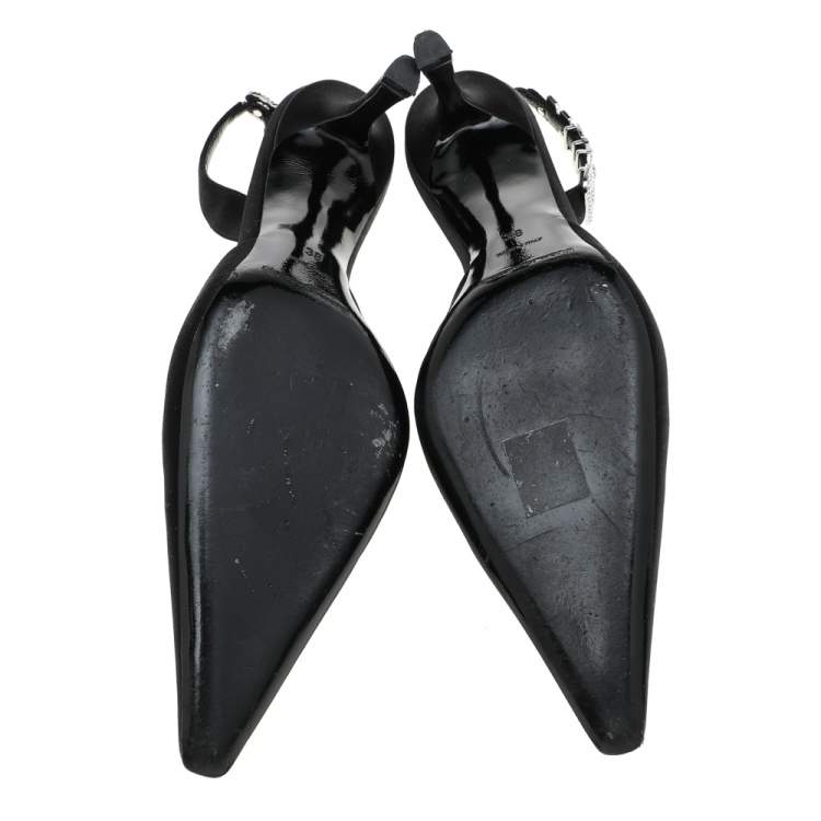 Pre Owned Alexander Wang Black Satin Crystal Embellished Logo Slingback Pointed Toe Sandals Size 38