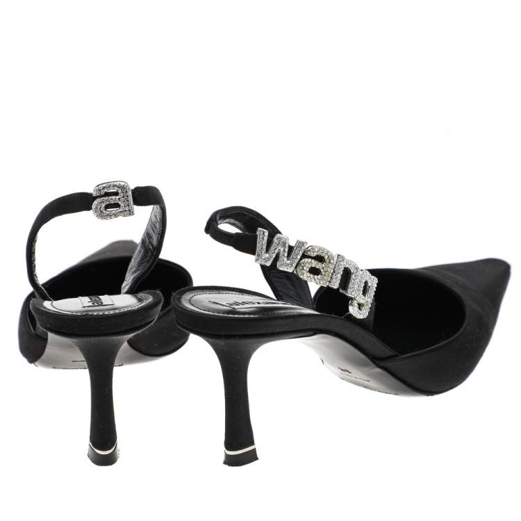 Pre Owned Alexander Wang Black Satin Crystal Embellished Logo Slingback Pointed Toe Sandals Size 38