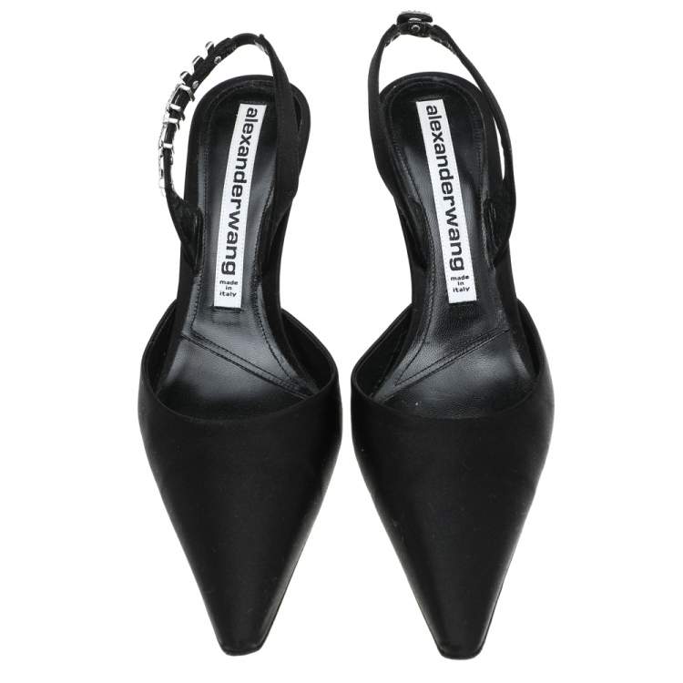 Pre Owned Alexander Wang Black Satin Crystal Embellished Logo Slingback Pointed Toe Sandals Size 38