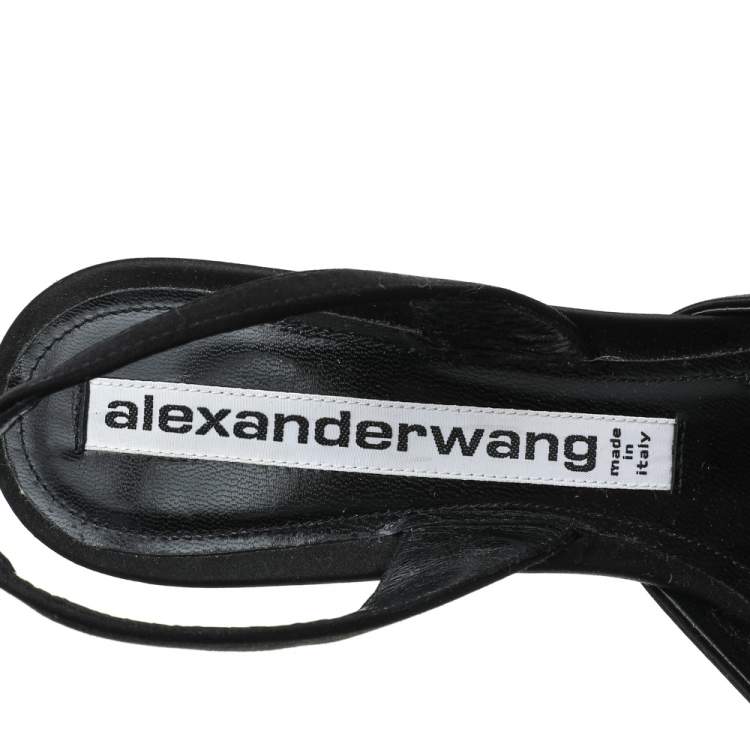 Pre Owned Alexander Wang Black Satin Crystal Embellished Logo Slingback Pointed Toe Sandals Size 38