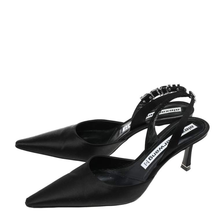 Pre Owned Alexander Wang Black Satin Crystal Embellished Logo Slingback Pointed Toe Sandals Size 38