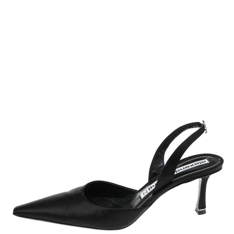 Pre Owned Alexander Wang Black Satin Crystal Embellished Logo Slingback Pointed Toe Sandals Size 38