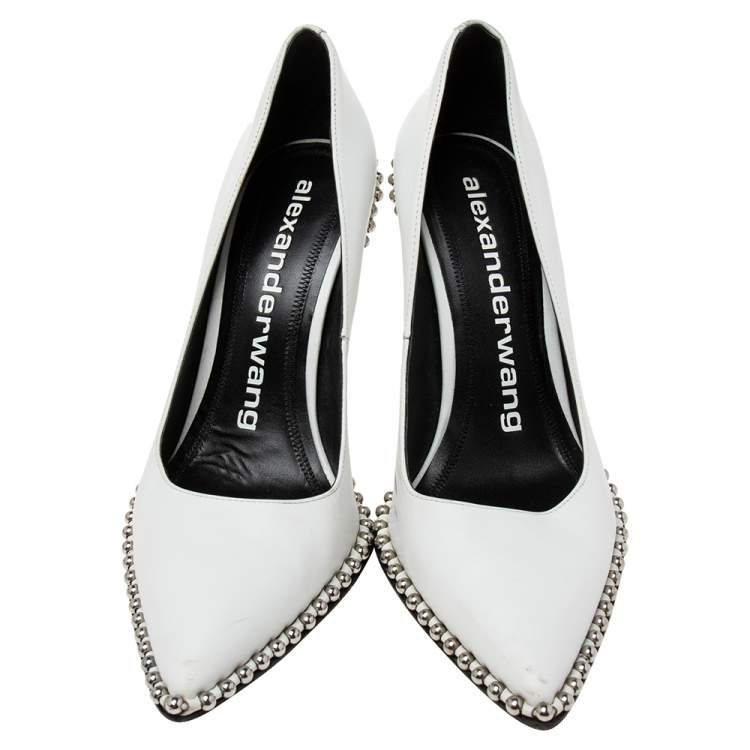 Pre Owned Alexander Wang White Leather Rie Studded Pointed-Toe Pumps Size 39.5
