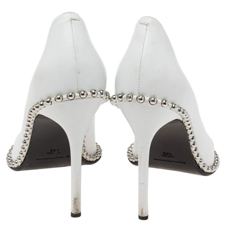 Pre Owned Alexander Wang White Leather Rie Studded Pointed-Toe Pumps Size 39.5