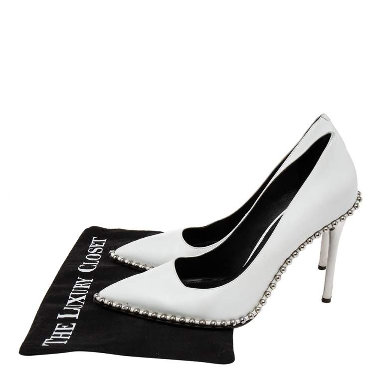Pre Owned Alexander Wang White Leather Rie Studded Pointed-Toe Pumps Size 39.5
