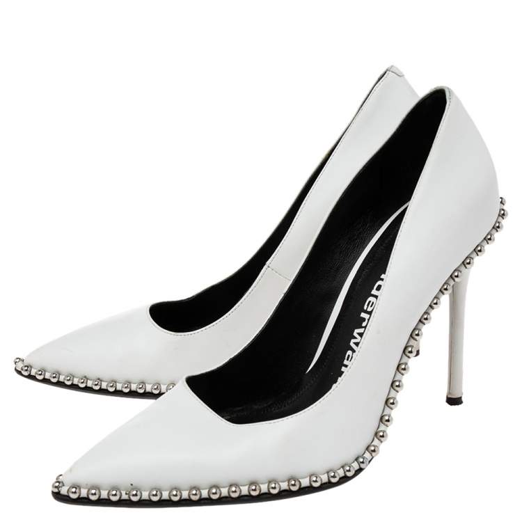 Pre Owned Alexander Wang White Leather Rie Studded Pointed-Toe Pumps Size 39.5