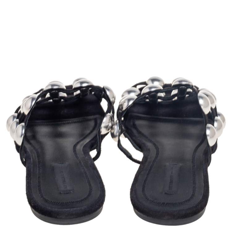 Pre Owned Alexander Wang Black Leather Amelia Studded Flat Slides Size 38