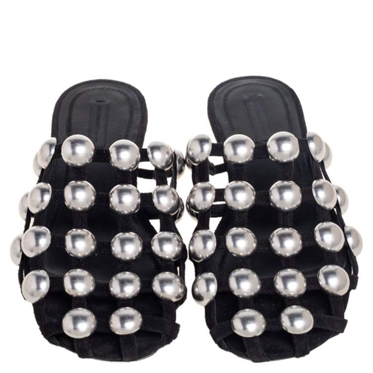 Pre Owned Alexander Wang Black Leather Amelia Studded Flat Slides Size 38