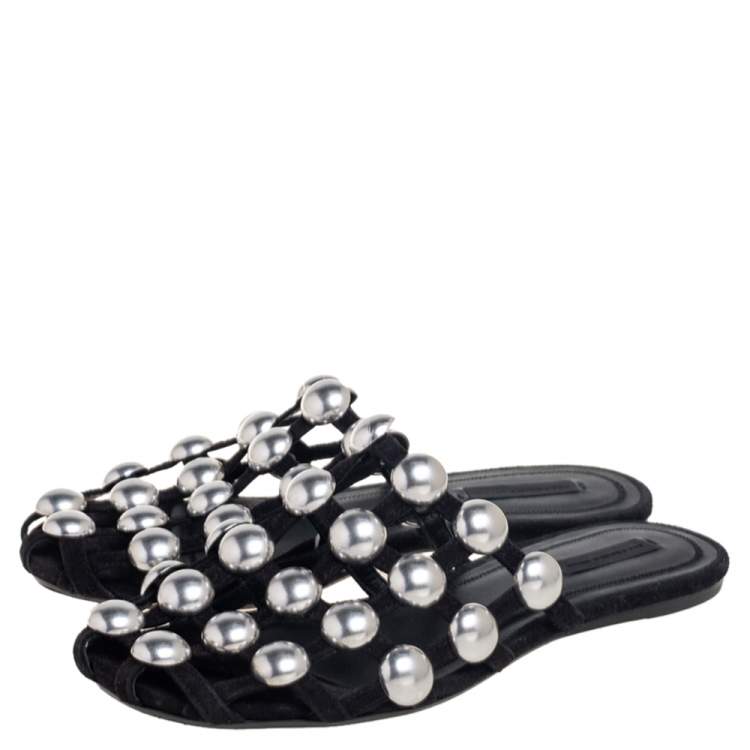 Pre Owned Alexander Wang Black Leather Amelia Studded Flat Slides Size 38