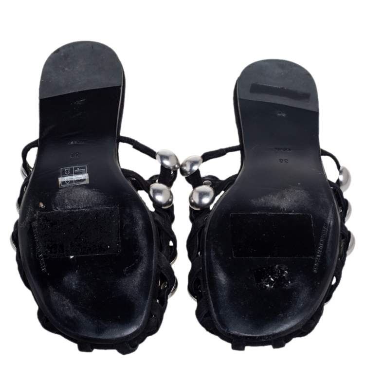 Pre Owned Alexander Wang Black Leather Amelia Studded Flat Slides Size 38
