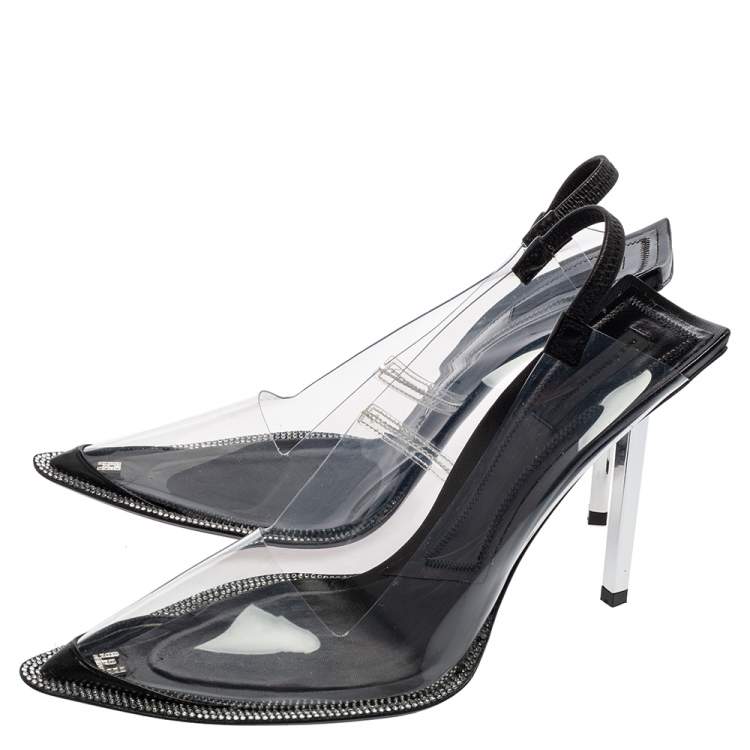 Pre Owned Alexander Wang Black PVC Marlow Clear Embellished Slingback Sandals Size 38.5