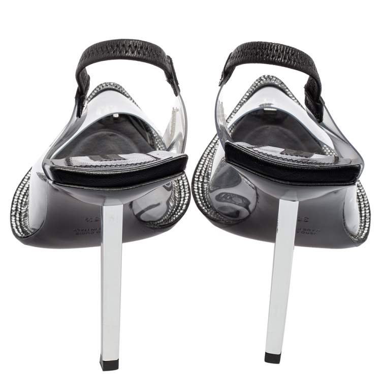 Pre Owned Alexander Wang Black PVC Marlow Clear Embellished Slingback Sandals Size 38.5