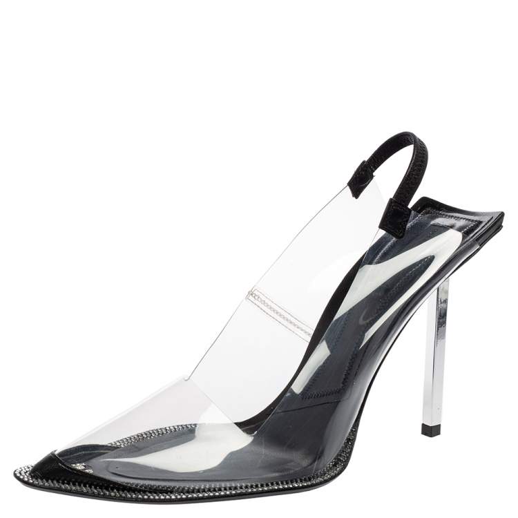 Pre Owned Alexander Wang Black PVC Marlow Clear Embellished Slingback Sandals Size 38.5