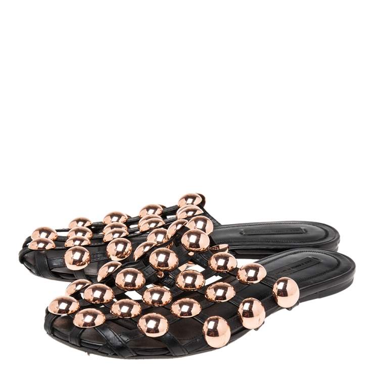 Pre Owned Alexander Wang Black Leather Amelia Studded Flat Mules Size 37
