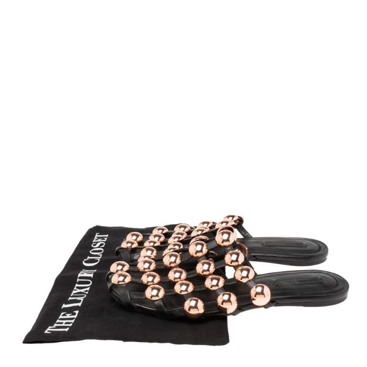Pre Owned Alexander Wang Black Leather Amelia Studded Flat Mules Size 37