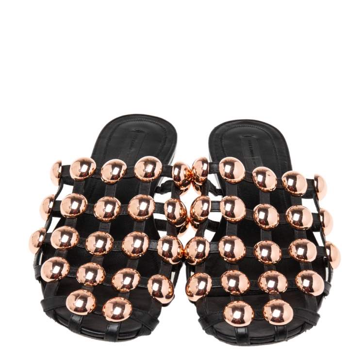 Pre Owned Alexander Wang Black Leather Amelia Studded Flat Mules Size 37