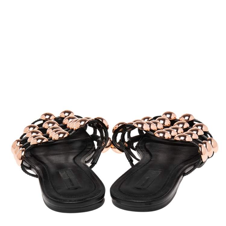 Pre Owned Alexander Wang Black Leather Amelia Studded Flat Mules Size 37