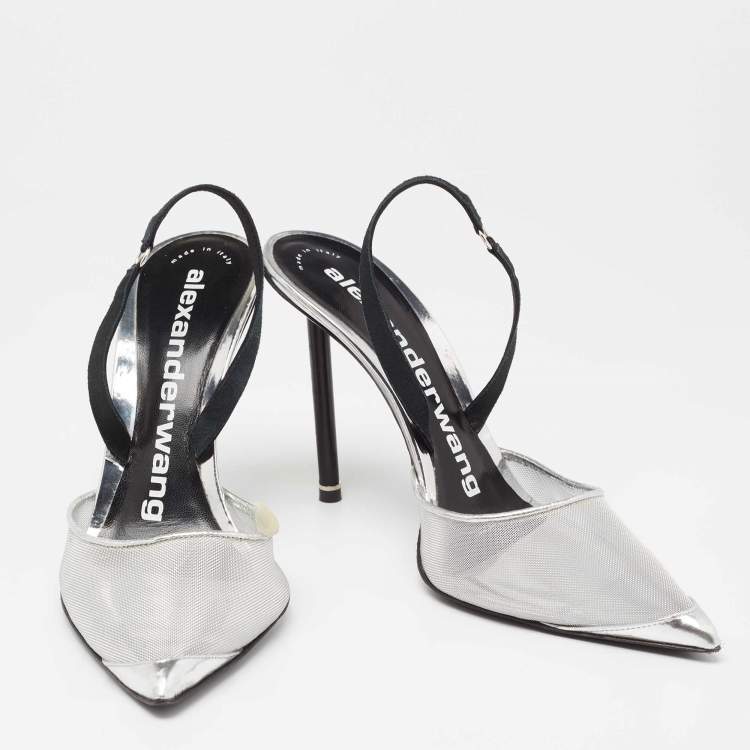 Pre Owned Alexander Wang Silver Mesh and Leather Alix Slingback Pumps Size 39