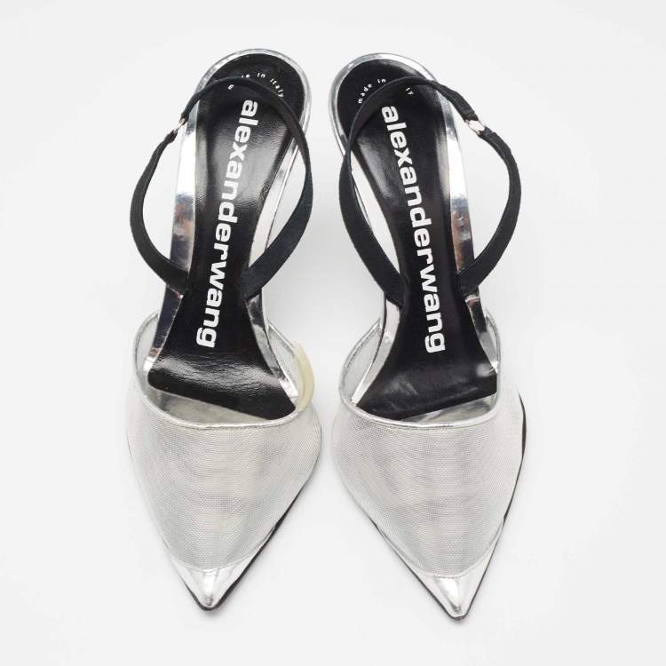 Pre Owned Alexander Wang Silver Mesh and Leather Alix Slingback Pumps Size 39