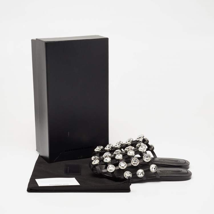 Pre Owned Alexander Wang Black Leather Amelia Crystal Studded Flat Slides Size 36