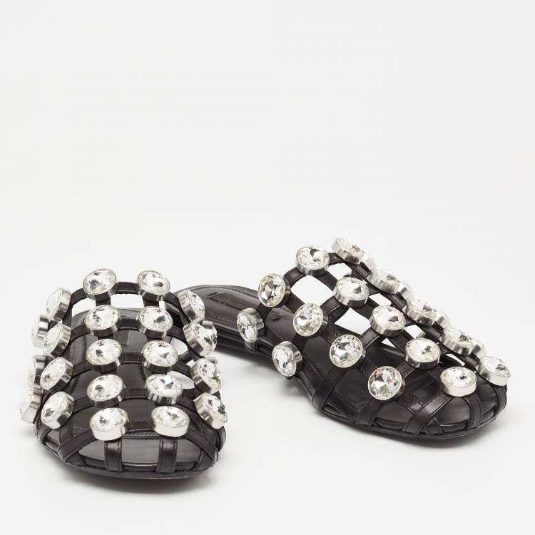 Pre Owned Alexander Wang Black Leather Amelia Crystal Studded Flat Slides Size 36