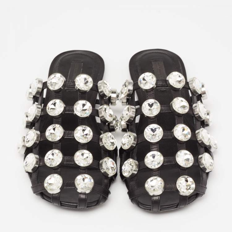 Pre Owned Alexander Wang Black Leather Amelia Crystal Studded Flat Slides Size 36
