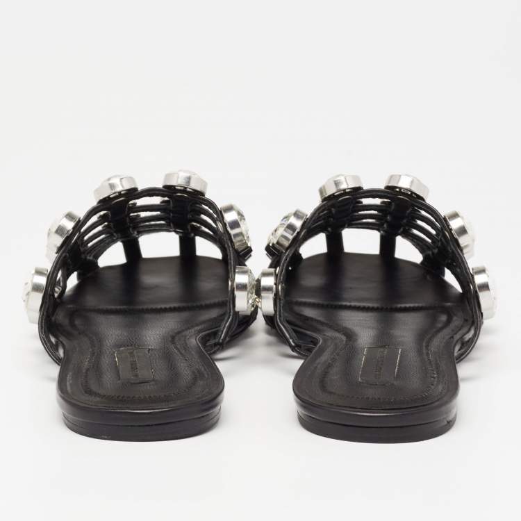 Pre Owned Alexander Wang Black Leather Amelia Crystal Studded Flat Slides Size 36