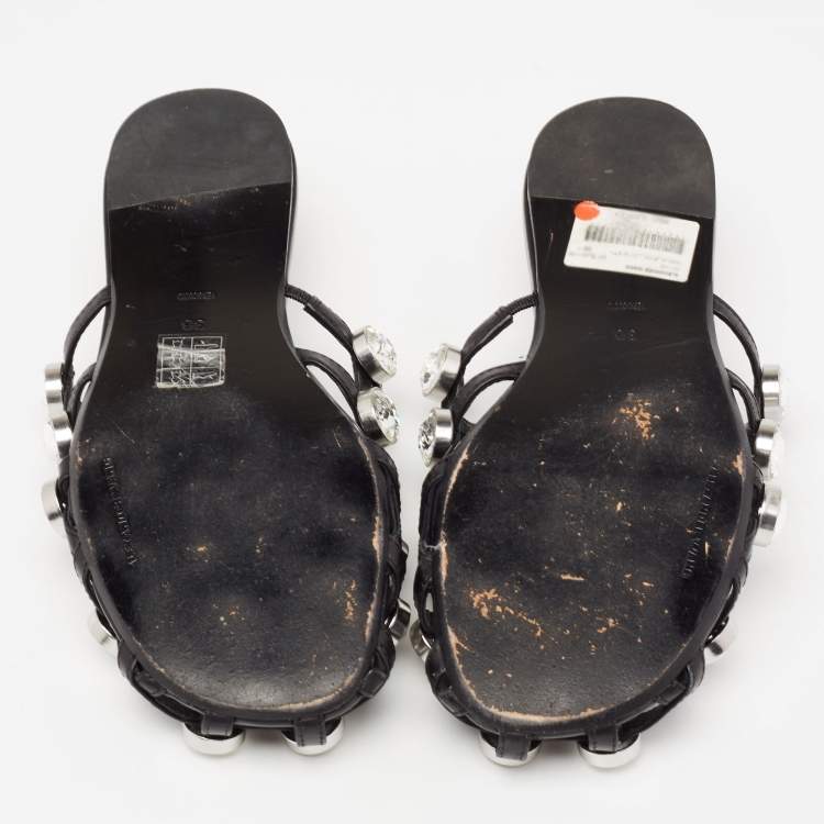 Pre Owned Alexander Wang Black Leather Amelia Crystal Studded Flat Slides Size 36
