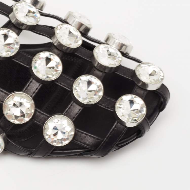 Pre Owned Alexander Wang Black Leather Amelia Crystal Studded Flat Slides Size 36