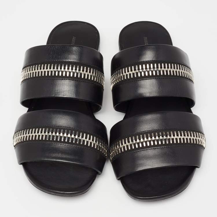 Pre Owned Alexander Wang Black Leather Zip Detail Flat Sandals Size 37