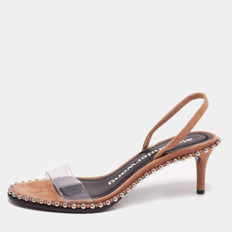 Pre Owned Alexander Wang Beige Suede and PVC Studded Slingback Nova Sandals Size 38