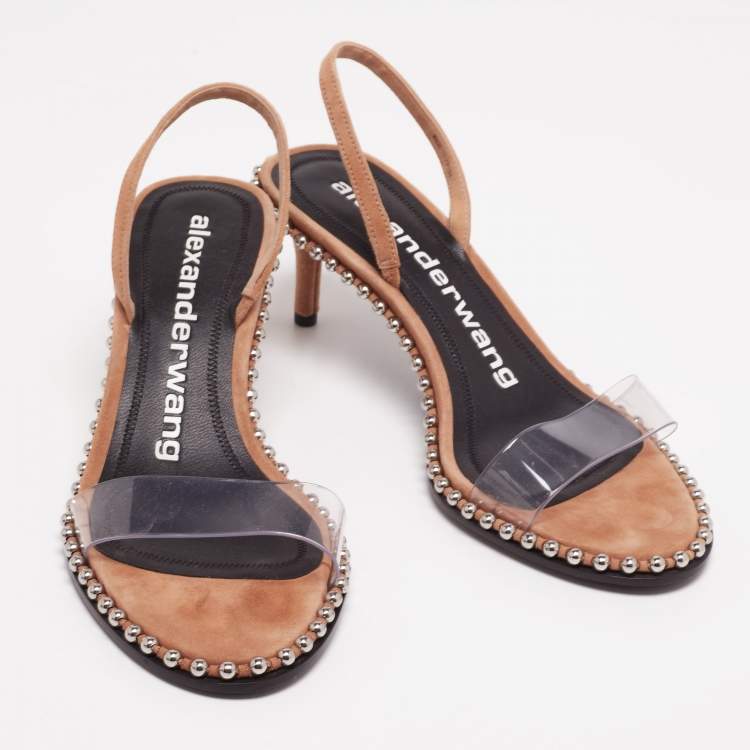 Pre Owned Alexander Wang Beige Suede and PVC Studded Slingback Nova Sandals Size 38