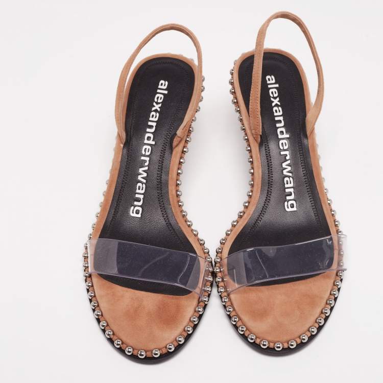 Pre Owned Alexander Wang Beige Suede and PVC Studded Slingback Nova Sandals Size 38