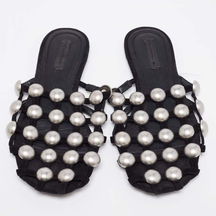 Pre Owned Alexander Wang Black Suede Amelia Studded Flat Slides Size 38