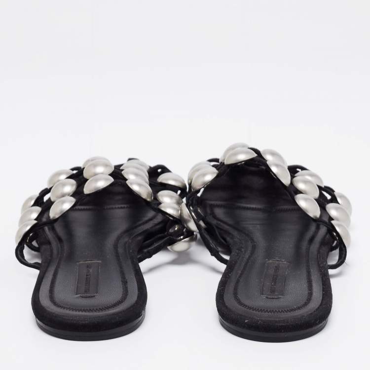 Pre Owned Alexander Wang Black Suede Amelia Studded Flat Slides Size 38