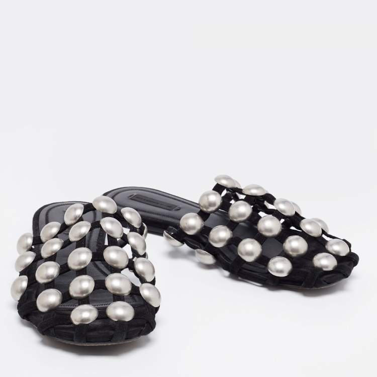 Pre Owned Alexander Wang Black Suede Amelia Studded Flat Slides Size 38